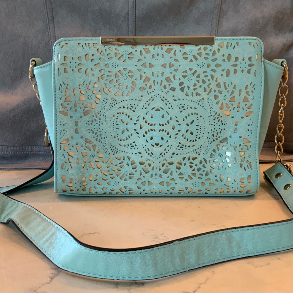Call It Spring small mint green blue gold crossbody purse bag